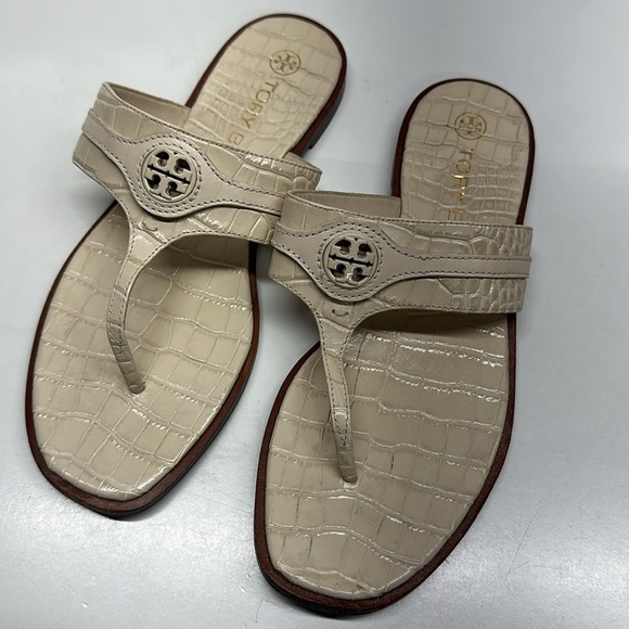 Tory Burch Carson Sandals Thong Leather Flip Flop Shoes Crocodile Ivory Size 8.5 - Picture 1 of 9